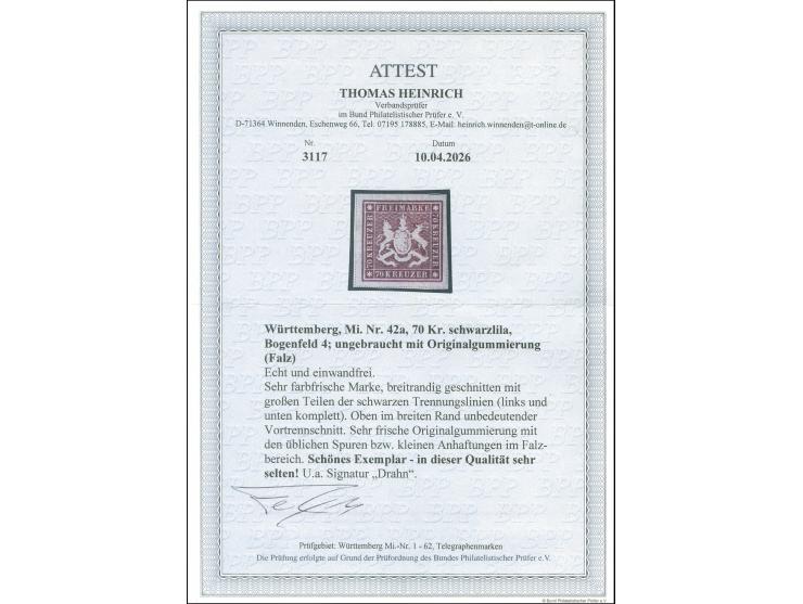 1873, 70 Kr. braunlila, Bogenfeld 4, farbfrisch, allseits breitrandig geschnitten, mit großen Teilen der Trennungslinien, lin