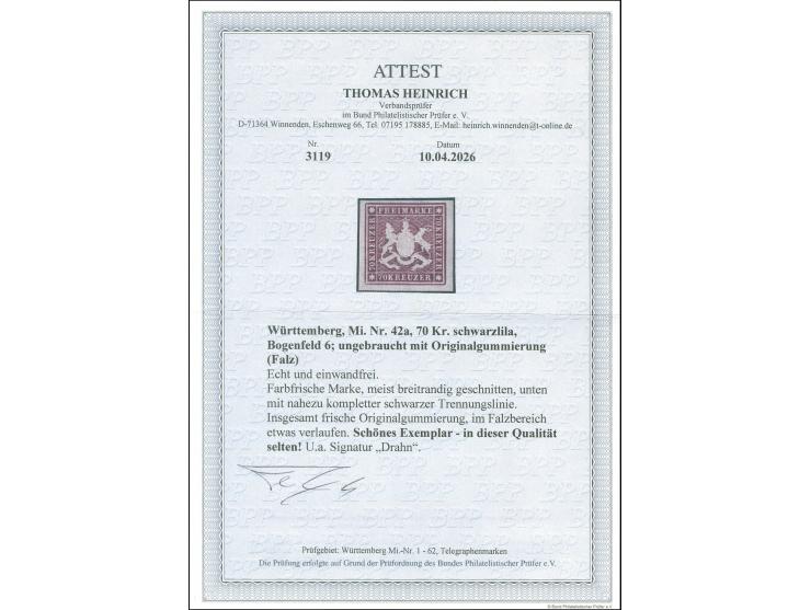 1873, 70 Kr. braunlila, Bogenfeld 6, farbfrisch, meist breitrandig geschnitten, unten mit Teil der Trennungslinien, tadellos,