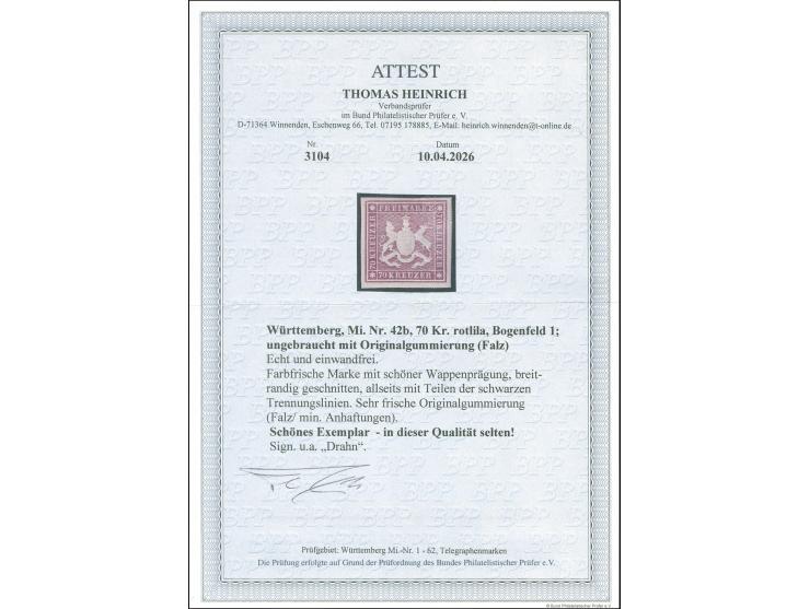 1873, 70 Kr. rotlila, Bogenfeld 1, farbfrisch, allseits breitrandig geschnitten mit schöner Wappenprägung, mit allseits sicht