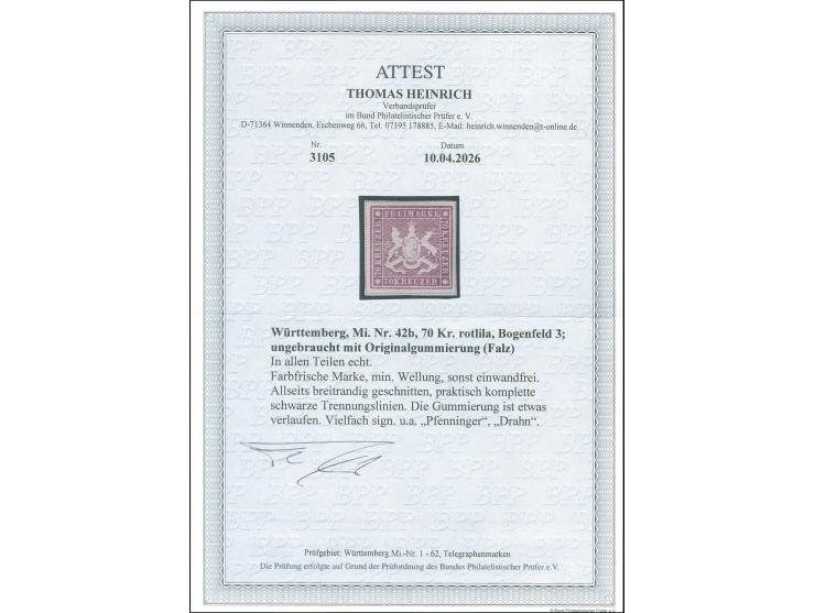 1873, 70 Kr. rotlila, Bogenfeld 3, farbfrisch, allseits breitrandig geschnitten mit schöner Wappenprägung, mit allseits sicht