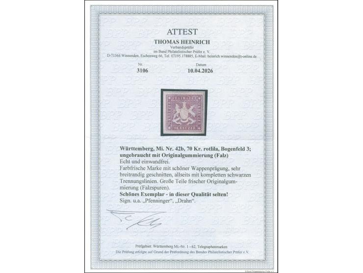 1873, 70 Kr. rotlila, Bogenfeld 3, farbfrisch, allseits breitrandig geschnitten mit schöner Wappenprägung, mit allseits volls
