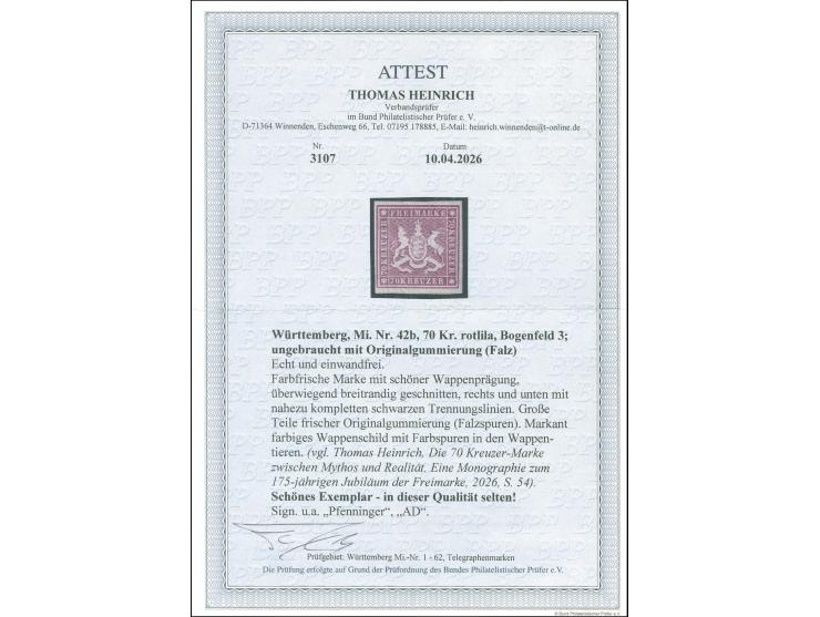 1873, 70 Kr. rotlila, Bogenfeld 3, farbfrisch, überwiegend breitrandig geschnitten mit schöner Wappenprägung, links mit sicht