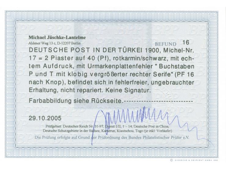 1900, Aufdrucktype I 2 Pia. auf 40 Pfg. dunkelrötlichkarmin/schwarz, mit Plattenfehler “Buchstaben P und T mit klobig vergröß