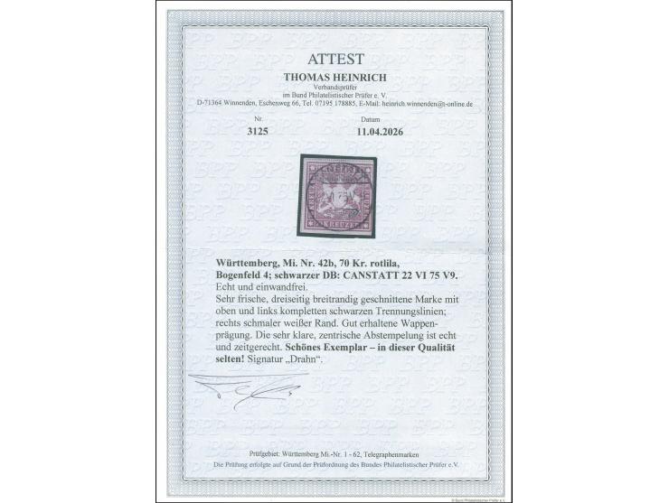1873, 70 Kr. braunlila, Bogenfeld 4, farbfrisch, knapp- bis breitrandig geschnitten, links und oben mit praktisch kompletten 