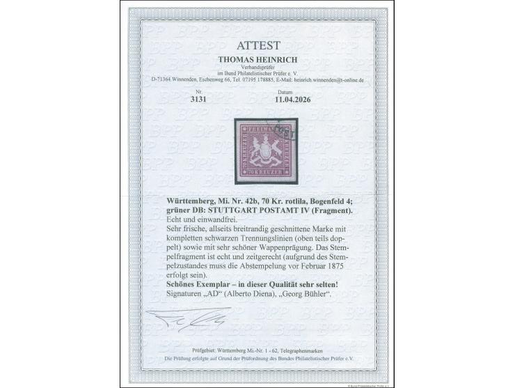 1873, 70 Kr. rotlila, Bogenfeld 4, farbfrisch, allseits breitrandig geschnitten, mit vollständiger Trennungslinien, mit gut e