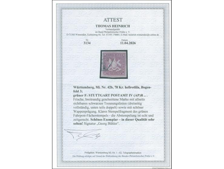 1873, 70 Kr. braunlila, Bogenfeld 3, farbfrisch, allseits breitrandig geschnitten, mit allseits sichtbaren Trennungslinien, m