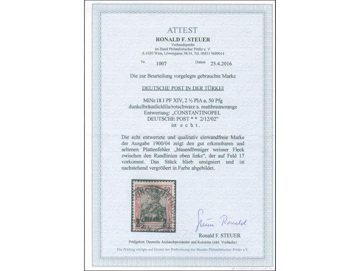 1900, Aufdrucktype I 2 ½ Pia. auf 50 Pfg. dunkelbräunlichlila/rotschwarz auf mattbraunorange, mit Plattenfehler “blasenförmig