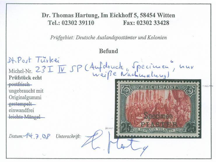 1900, Aufdrucktype II 25 Pia. auf 5 M. grünschwarz/bräunlichkarmin, Urmarkentype I, Nachmalung nur mit Deckweiß, mit Aufdruck