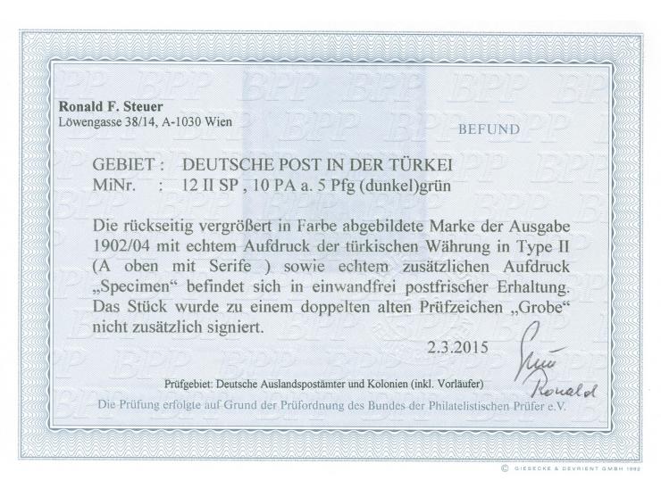 1902/04, Aufdrucktype II 10 P. auf 5 Pfg. dunkelgrün, mit Aufdruck “Specimen”, postfrisch, tadellos, doppelt sign. Grobe, Fot