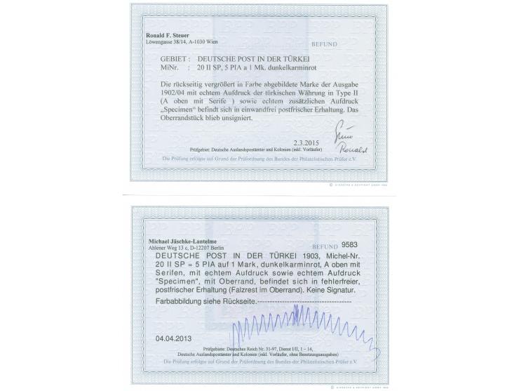 1902/04, Aufdrucktype II 5 Pia. auf 1 M. dunkelkarminrot, Oberrandstück mit Aufdruck “Specimen”, postfrisch, Falzrest im Ober