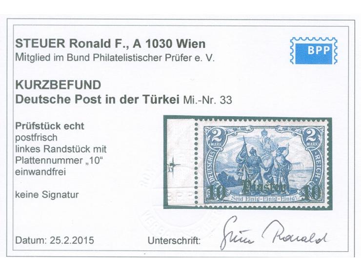 1905, Germania o.Wz. gez. 26:17 10 Pia. auf 2 M. schwärzlichblau, linkes Seitenrandstück mit Passerkreuz und Plattennummer “1