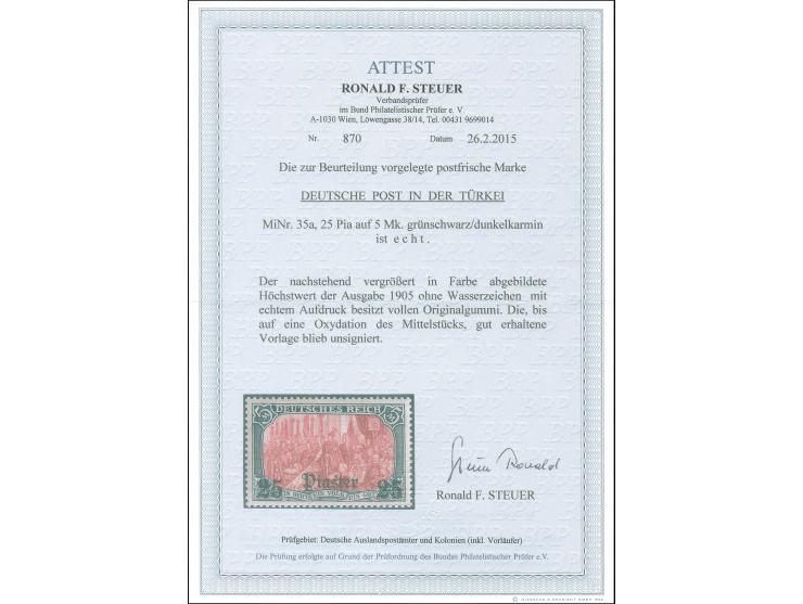 1905, Germania o.Wz. 25 Pia. auf 5 M. grünschwarz/dunkelkarmin gelblichrot leuchtend, postfrisch, Mittelstück oxidiert, sonst