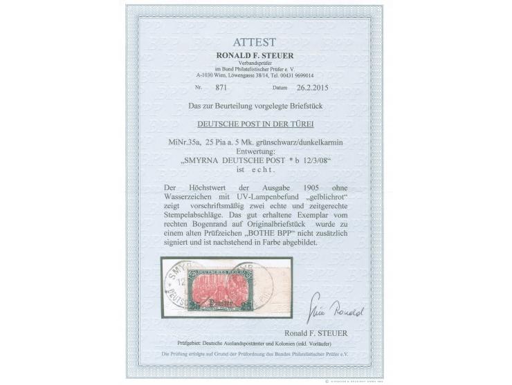 1905, Germania o.Wz. 25 Pia. auf 5 M. grünschwarz/dunkelkarmin, UV gelblichrot leuchtend, rechtes Seitenrandstück, sauber ges
