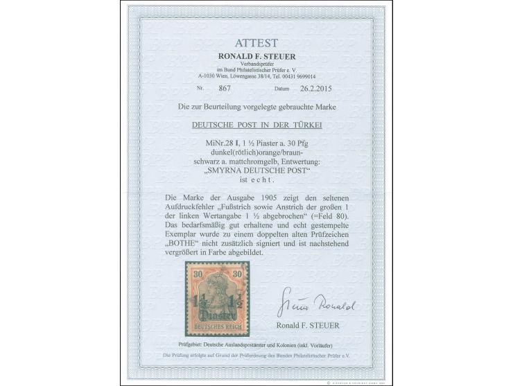 1905, Germania o.Wz. 1 ½ Pia. auf 30 Pfg. dunkelrötlichorange/braunschwarz auf mattchromgelb, mit Aufdruckfehler “Fußstrich s