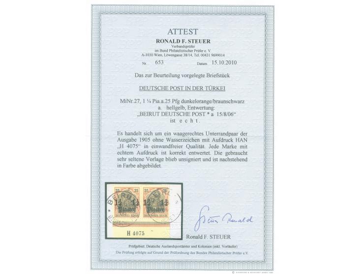 1905, Germania o.Wz. 1 ¼ Pia. auf 25 Pfg. dunkelorange/braunschwarz auf helbgelb, waagerechtes Unterrandpaar mit Aufdruck-HAN