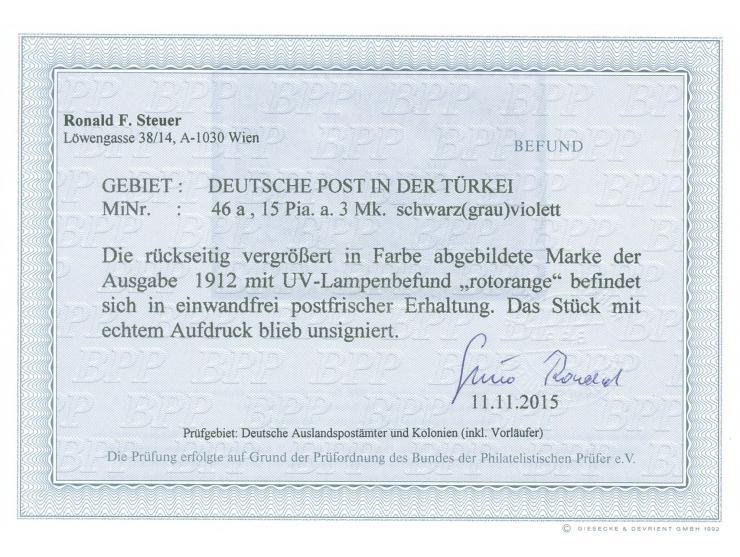 1905/13, Germania mit Wz. 15 Pia. auf 3 M. schwarzviolett, postfrisch, tadellos, unsigniert, Fotobefund Steuer BPP (2015)