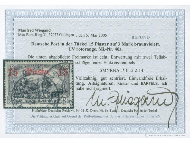1905/13, Germania mit Wz. 15 Pia. auf 3 M. schwarzviolett, sauber gestempelt “SMYRNA * b 2/2/14”, tadellos, sign. u. a. Barte