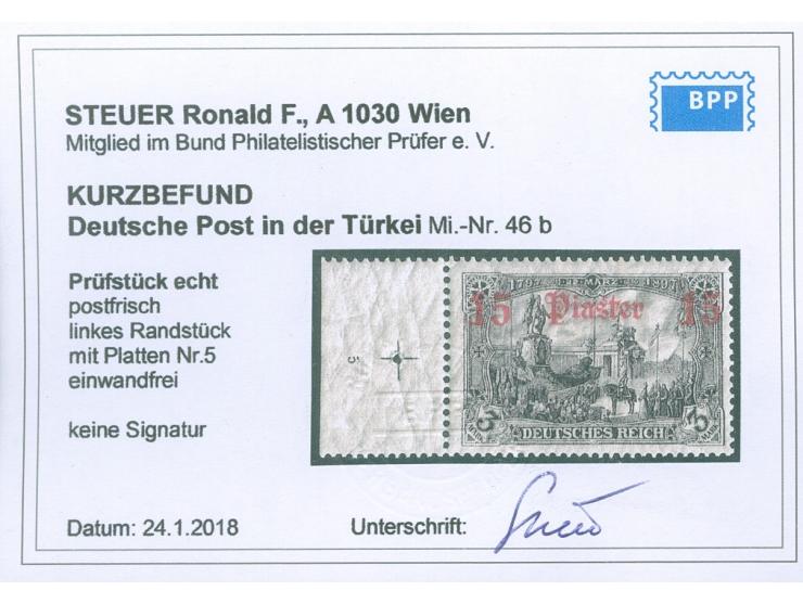 1905/13, Germania mit Wz. 15 Pia. auf 3 M. schwarzbraunviolett, linkes Seitenrandstück mit Plattennummer “5” und Passerkreuz,