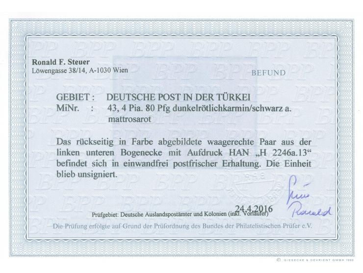 1905/13, Germania mit Wz. 4 Pia. auf 80 Pfg. dunkelrötlichkarmin/schwarz auf mattrosarot, waagerechtes Paar aus der linken un