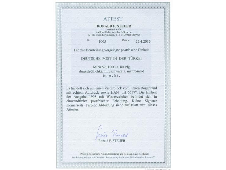 1908, Diagonalaufdruck 100 C. auf 80 Pfg. dunkelrötlichkarmin/schwarz auf mattrosarot, Viererblock mit linkem Seitenrand und 