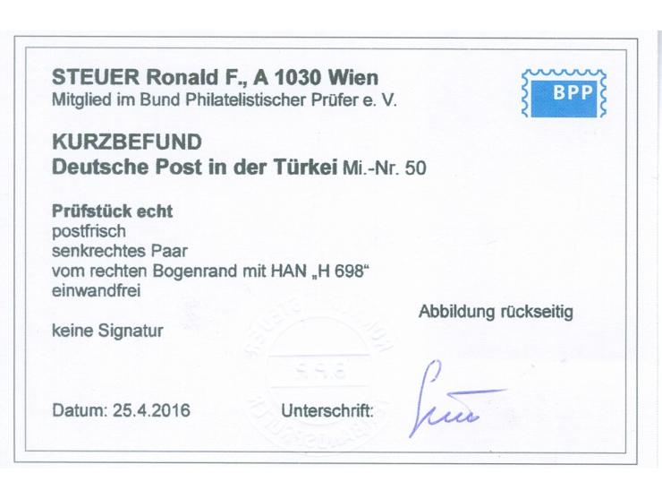 1908, Diagonalaufdruck 25 C. auf 20 Pfg. lebhaftlilaultramarin, senrekchtes Paar mit rechtem Bogenrand mit Ur-HAN "H 698", po