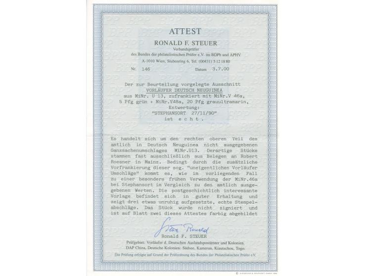 1890/98, Krone/Adler 5 Pfg. grün und 20 Pfg. mittelultramarin, gemeinsam auf Ganzsachenausschnitt 10 Pfg. Krone/Adler mit Ste