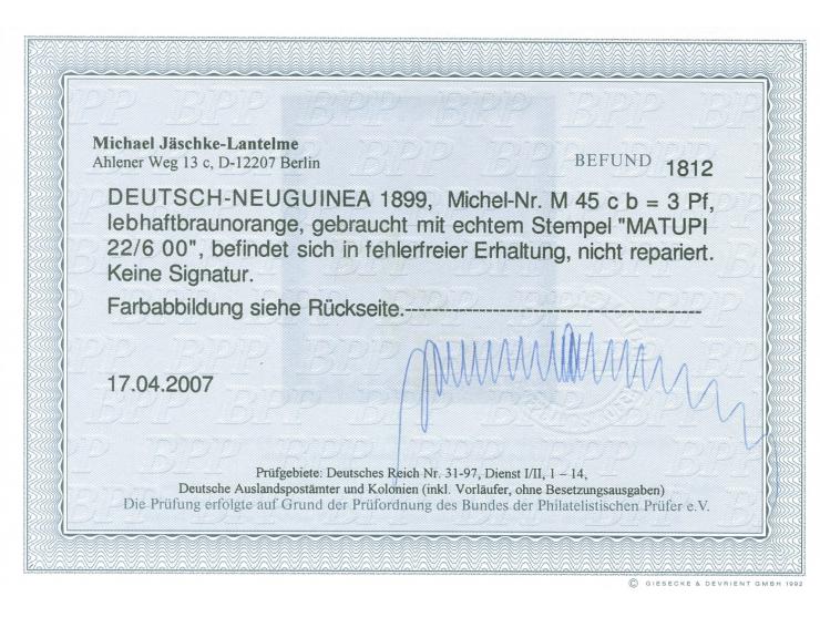 1898, Krone/Adler 3 Pfg. lebhaftbraunorange, sauber gestempelt “MATUPI 22/6 00”, tadellos, Fotobefund Jäschke-L. BPP (2007)&n