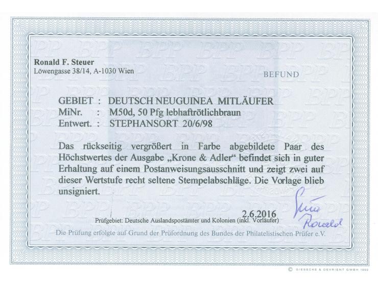 1898, Krone/Adler 50 Pfg. lebhaftrötlichbraun, waagerechtes Paar, sauber gestempelt “STEPHANSORT *** 20/6 98” auf Postanweisu