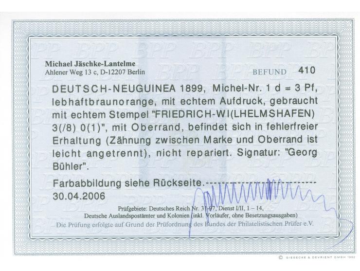 1897, Aufdruckausgabe 3 Pfg. lebhaftorangebraun, Oberrandstück, sauber gestempelt "FRIEDRICH-WI(LHELMSHAFEN) 3(/8) 0(1), Zähn