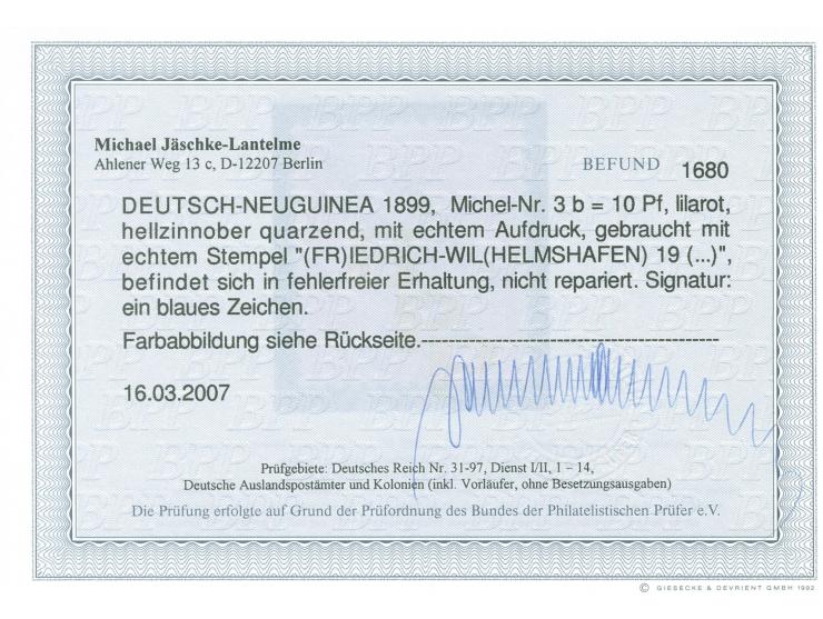1897, Aufdruckausgabe 10 Pfg. lilarot, gestempelt, tadellos, sign., Fotobefund Jäschke-L. BPP (2007)