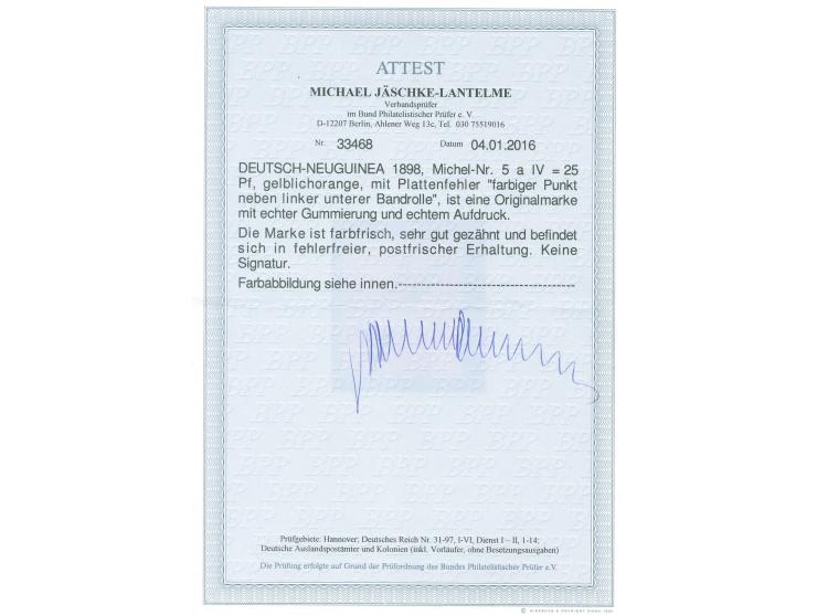 1897, Aufdruckausgabe 25 Pfg. gelblichorange, mit Plattenfehgler “farbiger Punkt neben linker unterer Bandrolle”, postfrisch,