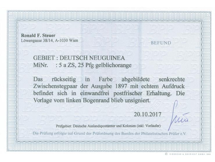1897, Aufdruckausgabe 25 Pfg. gelblichorange, senkrechtes Zwischenstegpaar mit linkem Seitenrand, postfrisch, tadellos, unsig