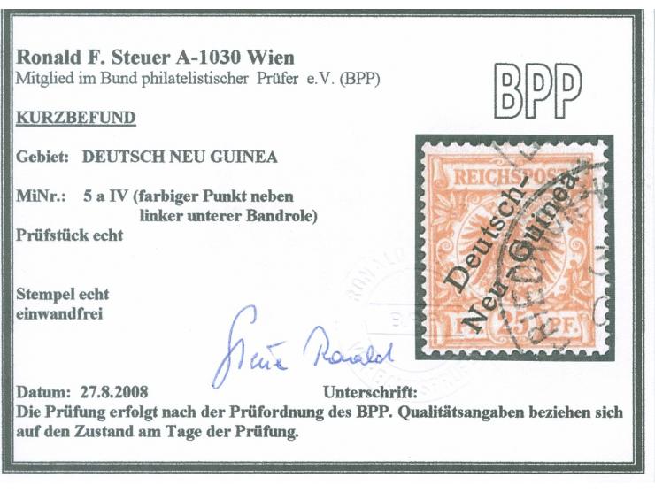 1897, Aufdruckausgabe 25 Pfg. gelblichorange, mit Plattenfehler “farbiger Punkt neben linker unterer Bandrolle”, gestempelt “