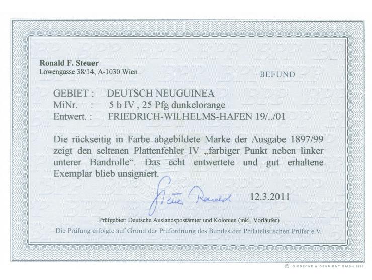 1897, Aufdruckausgabe 25 Pfg. dunkelorange, mit Plattenfehler “farbiger Punkt neben linker unterer Bandrolle”, sauber gestemp