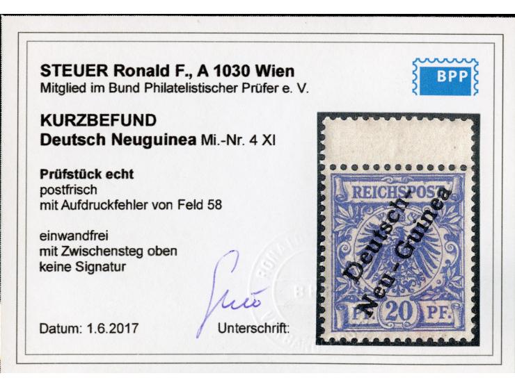 1897, Aufdruckausgabe 20 Pfg. violettultramarin, mit Aufdruckfehler “senkrechter Strich des h in Deutsch sehr dünn” (Aufdruck