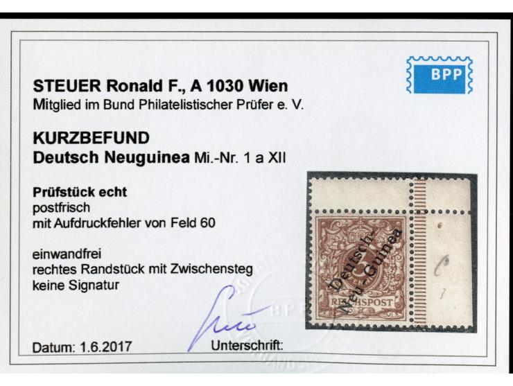 1897, Aufdruckausgabe 3 Pfg. dunkelockerbraun, rechtes Seitenrandstück mit Zwischensteg oben, mit Aufdruckfehler “c in Deutsc