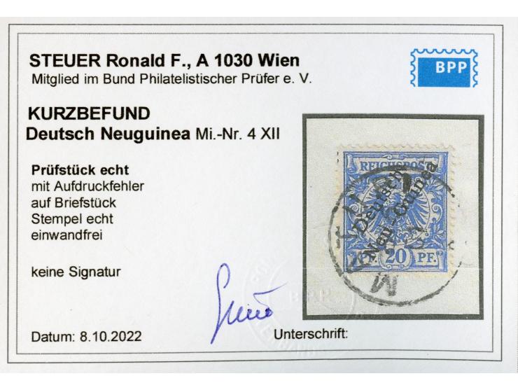 1897, Aufdruckausgabe 20 Pfg. violettultramarin, mit Aufdruckfehler “c in Deutsch verstümmelt” (Aufdruckfeld 60), sauber gest
