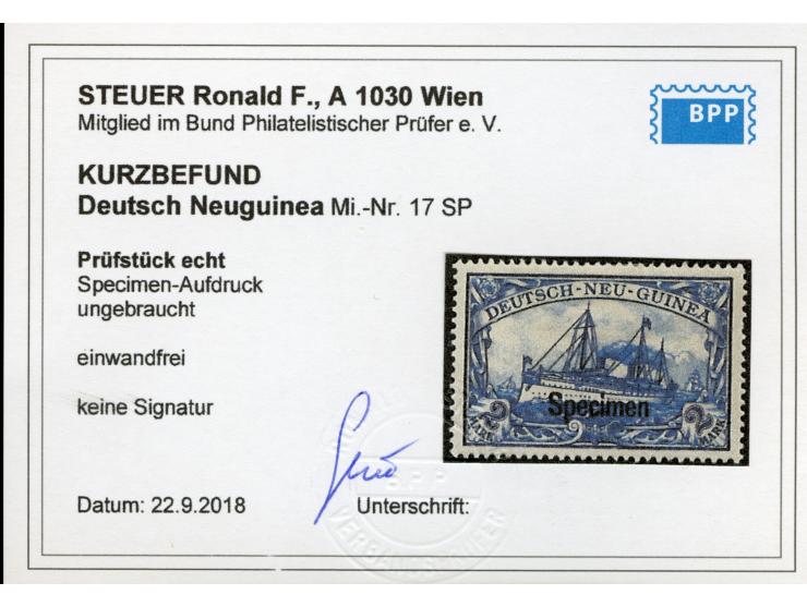1900/01, Kaiseryacht ohne Wz. 2 M. schwärzlichblau, mit Aufdruck “Specimen”, sauber ungebraucht, tadellos, Kurzbefund Steuer 