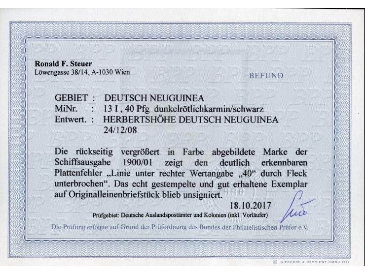 1900/01, Kaiseryacht ohne Wz. 40 Pfg. dunkelrötlichkarmin/schwarz, mit Plattenfehler “Linie unter rechter Wertangabe 40 durch