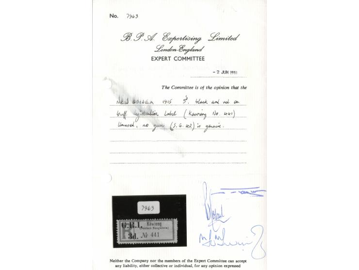 1914, Einschreibzettel 3 d. auf Käwieng (Antiqua), ungebraucht ohne Gummi, tadellos, Fotoattest BPA (1981)