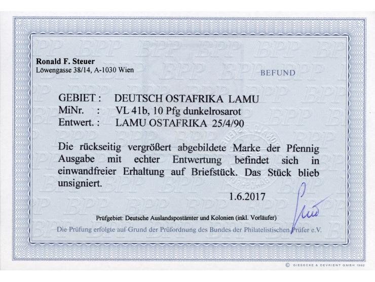 1889/90, Pfennig 10 Pfg. dunkelrosarot, sauber gestempelt “LAMU OSTAFRIKA 25/4 90” auf Briefstück, tadellos, Befund Steuer BP