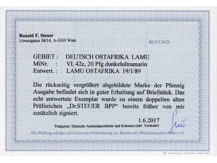 1889/90, Pfennig 20 Pfg. dunkelultramarin, sauber gestempelt “LAMU 19/1 89” auf Briefstück, tadellos, sign. Dr. Steuer BPP, F