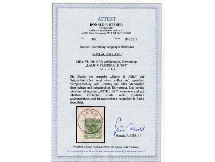 1890/91, Krone/Adler 5 Pfg. gelblichgrün, sauber gestempelt “LAMU 31/3 91” (Letzttag) auf Briefstück, ausgabetypische, etwas 