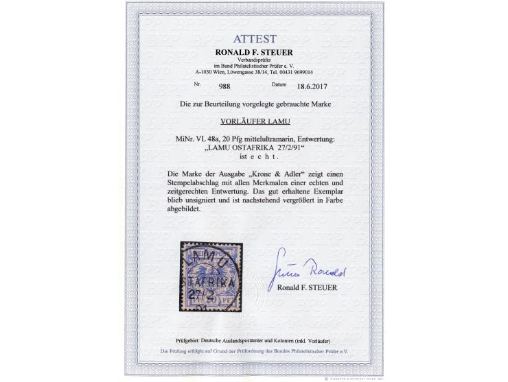 1890/91, Krone/Adler 20 Pfg. mittelultramarin, sauber gestempelt “LAMU 27/2 91”, tadellos, Fotoatteste Jäschke-L. BPP (2010) 