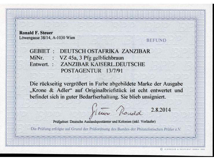 1890/91, Krone/Adler 3 Pfg. gelblichbraun, mit Stempel "ZANZIBAR KDPAg 13.7.91" auf Briefstück, tadellos, Befund R. Steuer BP