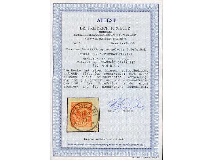 1890/99, Krone/Adler 25 Pfg. gelblichorange, sauber gestempelt “PANGANI ** 31/12 93” auf Briefstück, tadellos, Fotoattest Dr.