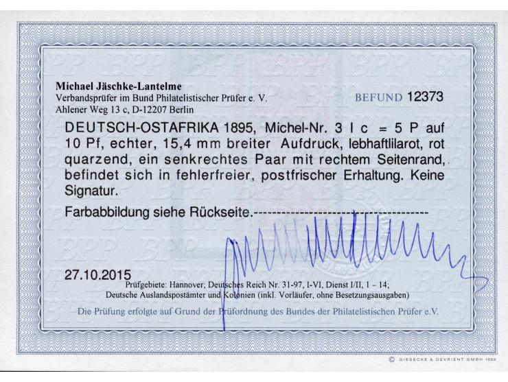 1893, waagerechter Aufdruck 15,4 mm breit 5 P. auf 10 Pfg. lebhaftlilarot, senkrechtes Paar mit rechtem Seitenrand, postfrisc