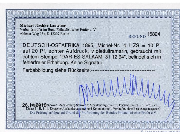 1893, waagerechter Aufdruck 10 P. auf 20 Pfg. violettultramarin, senkrechtes Zwischenstegpaar, sauber gestempelt “DAR-ES-SALA