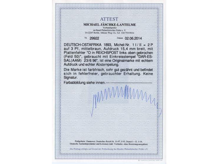 1893, waagerechter Aufdruck 15,4 mm breit 2 P. auf 3 Pfg. mittelbraun, mit Plattenfehler “O in Reichspost links oben gebroche