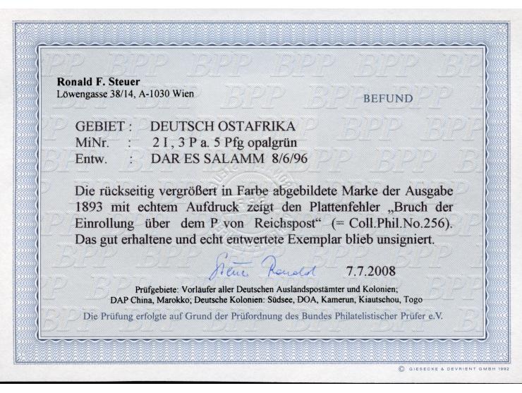 1893, waagerechter Aufdruck 15,4 mm breit 3 P. auf 5 Pfg. opalgrün, mit Plattenfehler “Bruch der Einrollung über dem P von Re
